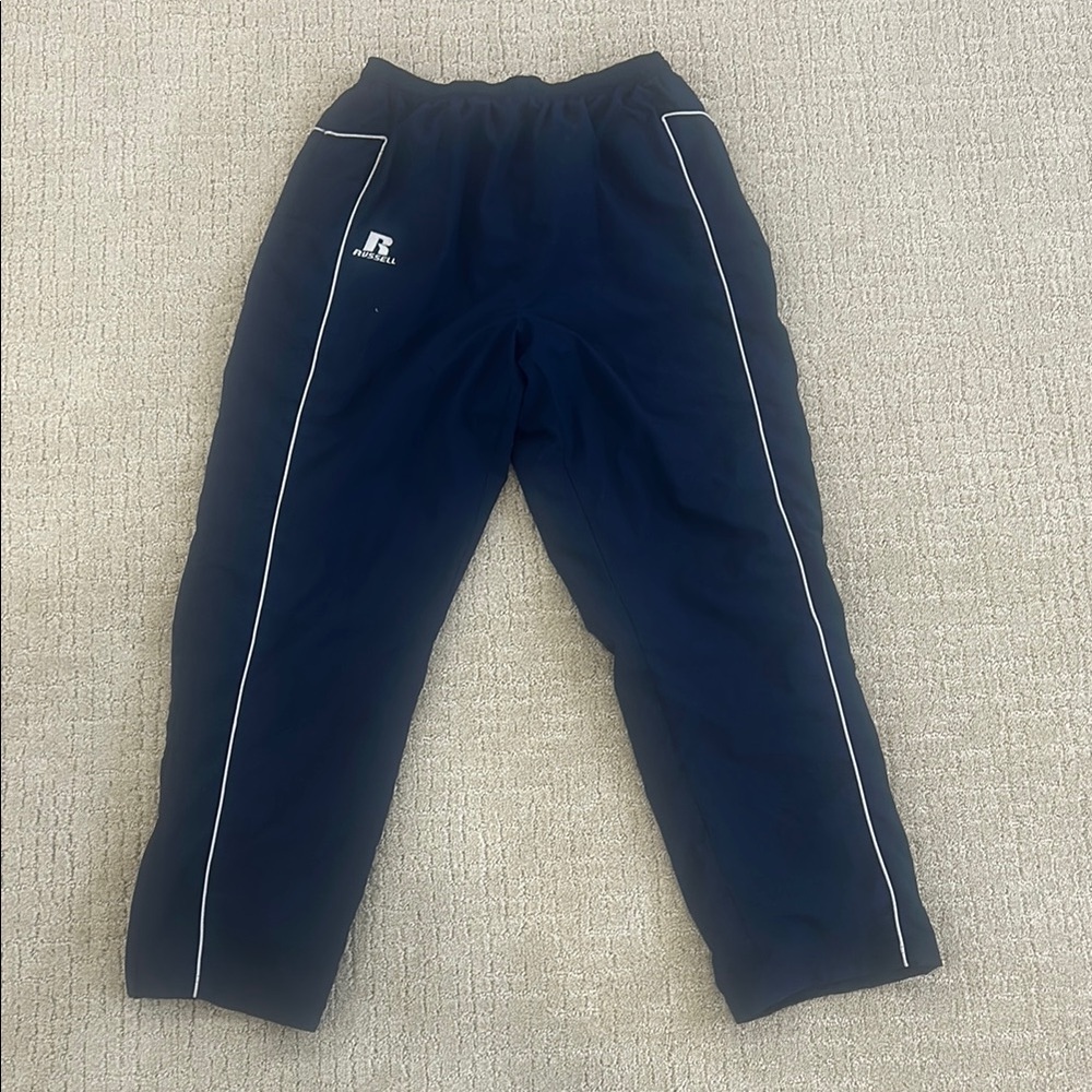 Navy Blue Sweatpants with Elastic Waistband and White Stripes